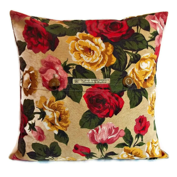 Vintage 1950s Linen Roses Cushion Cover With Pattern Matched Front Button Fastening 45cm