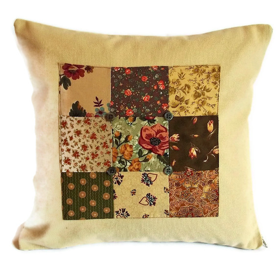 Vintage Style Patchwork Panel Cushion Cover With Button Detail In Rich Warm Rusts And Greens 35cm