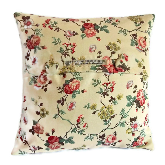 Vintage Style Rosbud Print Cotton Sateen Cushion Cover With Fabric Covered Button Fastening 35cm