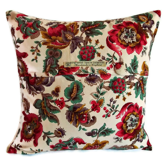 Vintage 1950s Light Cotton Bright Floral Cushion Cover With Fabric Covered Button Fastening 40cm