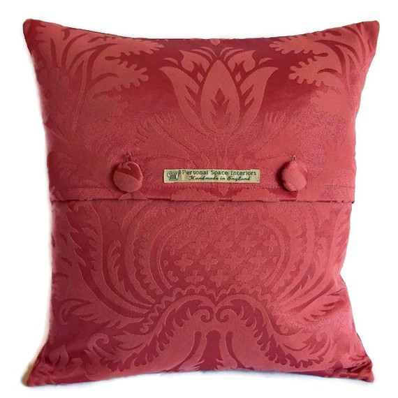 Vintage Thornber Soft Flock Damask Cushion Cover In Dusky Rose With Fabric Covered Button Fastening 40cm